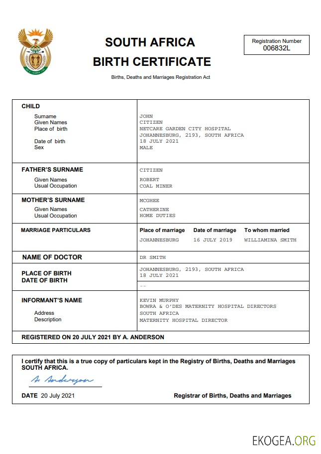 Modèle Word et PDF d'acte de naissance d'acte d'état civil en Afrique du Sud